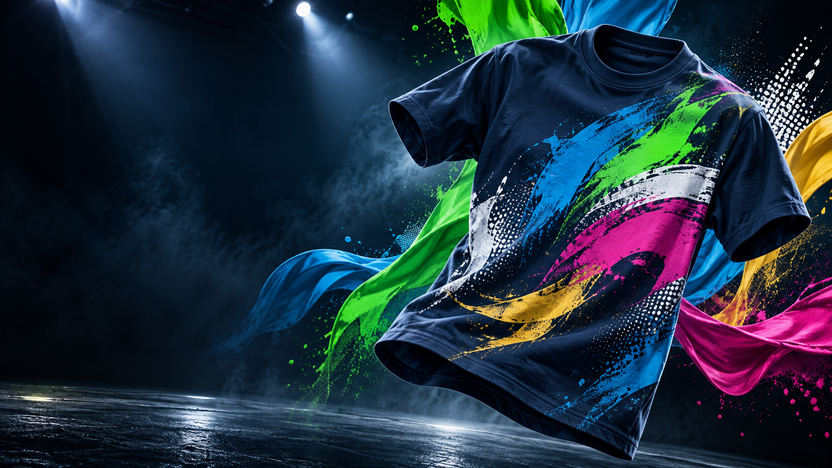 Custom printed navy shirt surrounded by vivid print colors