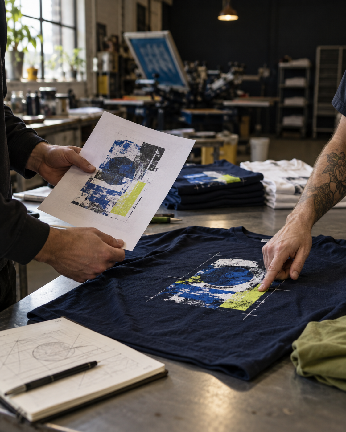 A print proof being reviewed alongside a navy garment