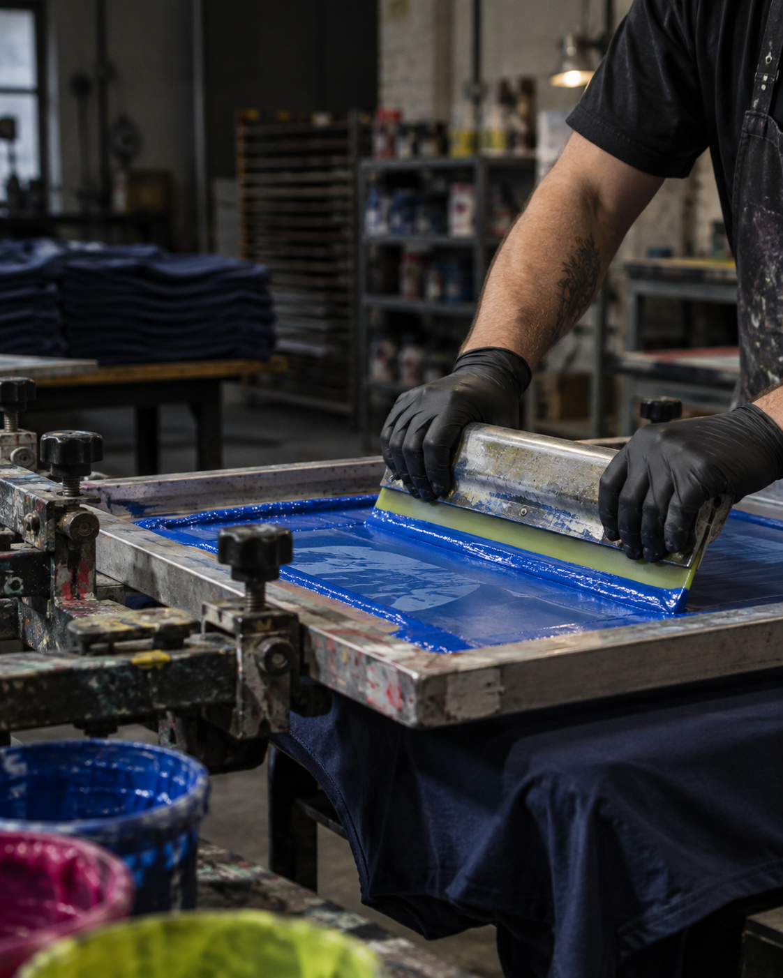 Blue ink being pulled across a screen-printing press